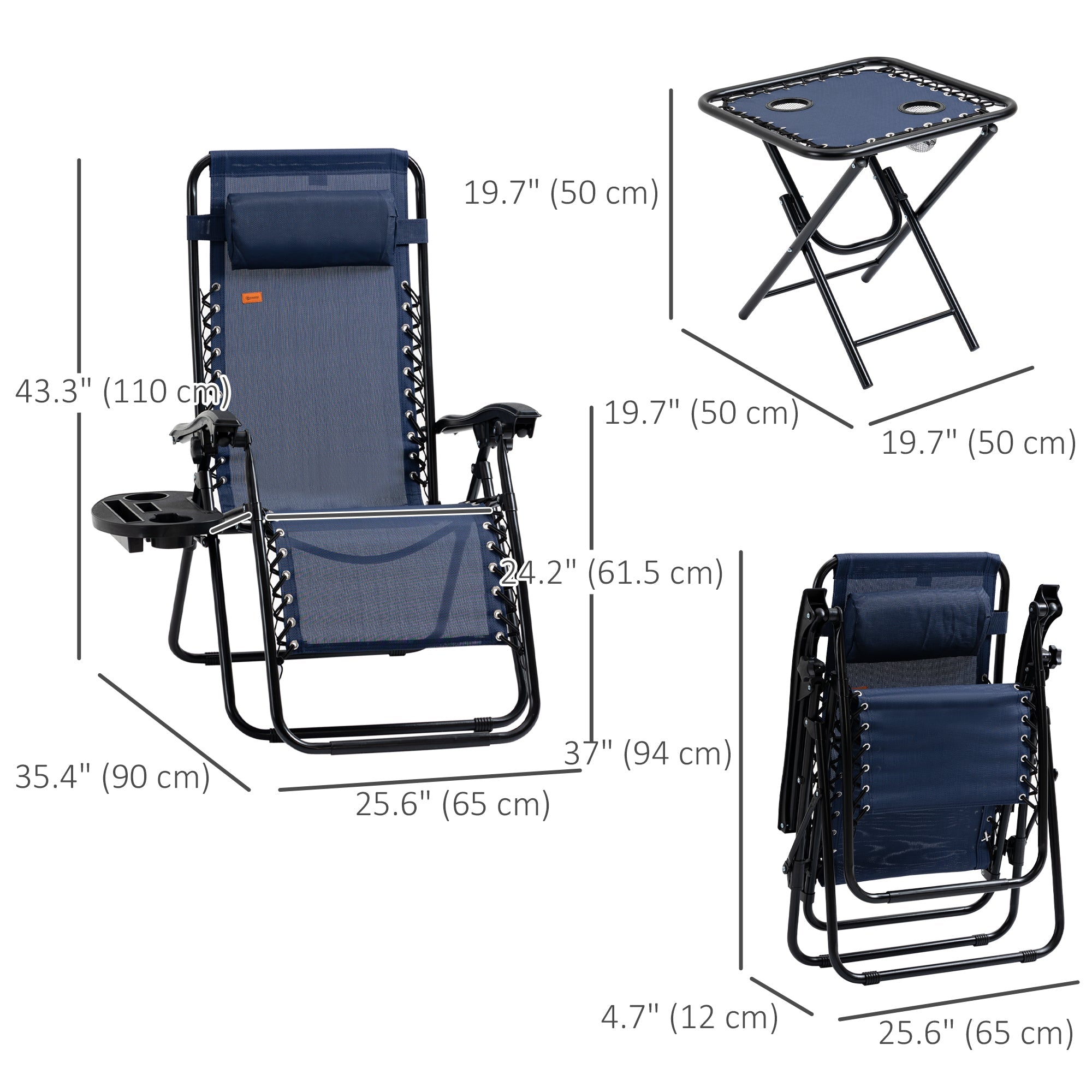 Outsunny Zero Gravity Chair Set of 2 Patio Chair with Side Table Cupholders and Pillows for Pool, Backyard, Lawn, Beach, Blue 