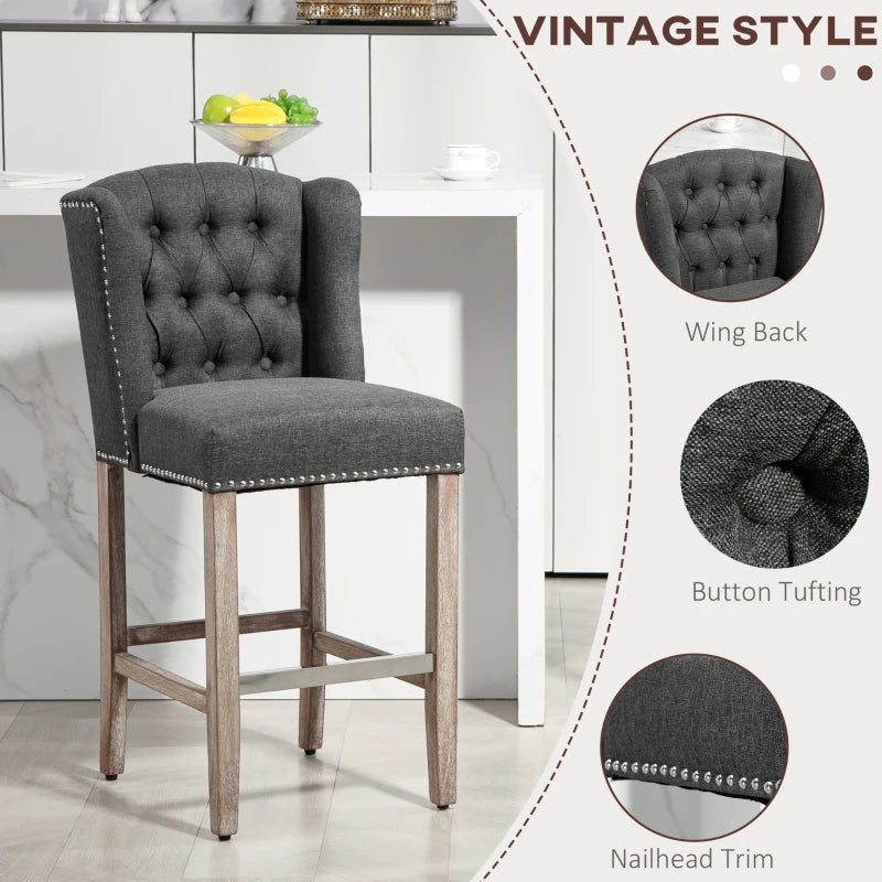 Counter Height Bar Stools Set of 2, Upholstered Bar Chairs with Nailhead Backrest and Footrest, Charcoal Grey