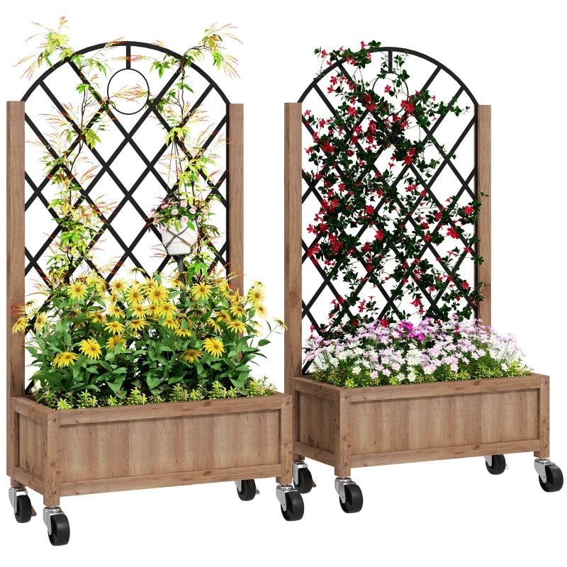 Raised Garden Bed with Metal Trellis, Elevated Planter Box with Wheels and Drainage Holes, 20.5" x 9.8" x 38.2", Brown