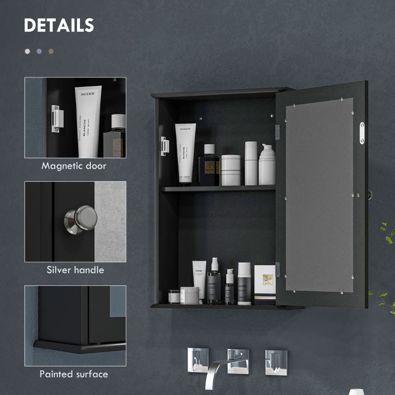Bathroom Mirror Cabinet, Wall Mounted Medicine Cabinet with Door and Shelves, Black