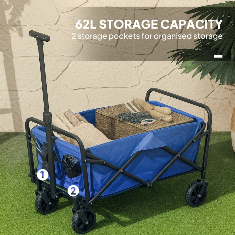 Collapsible Folding Garden Cart, Heavy Duty Lawn Wagon with Universal Wheels and Adjustable Handle, Blue