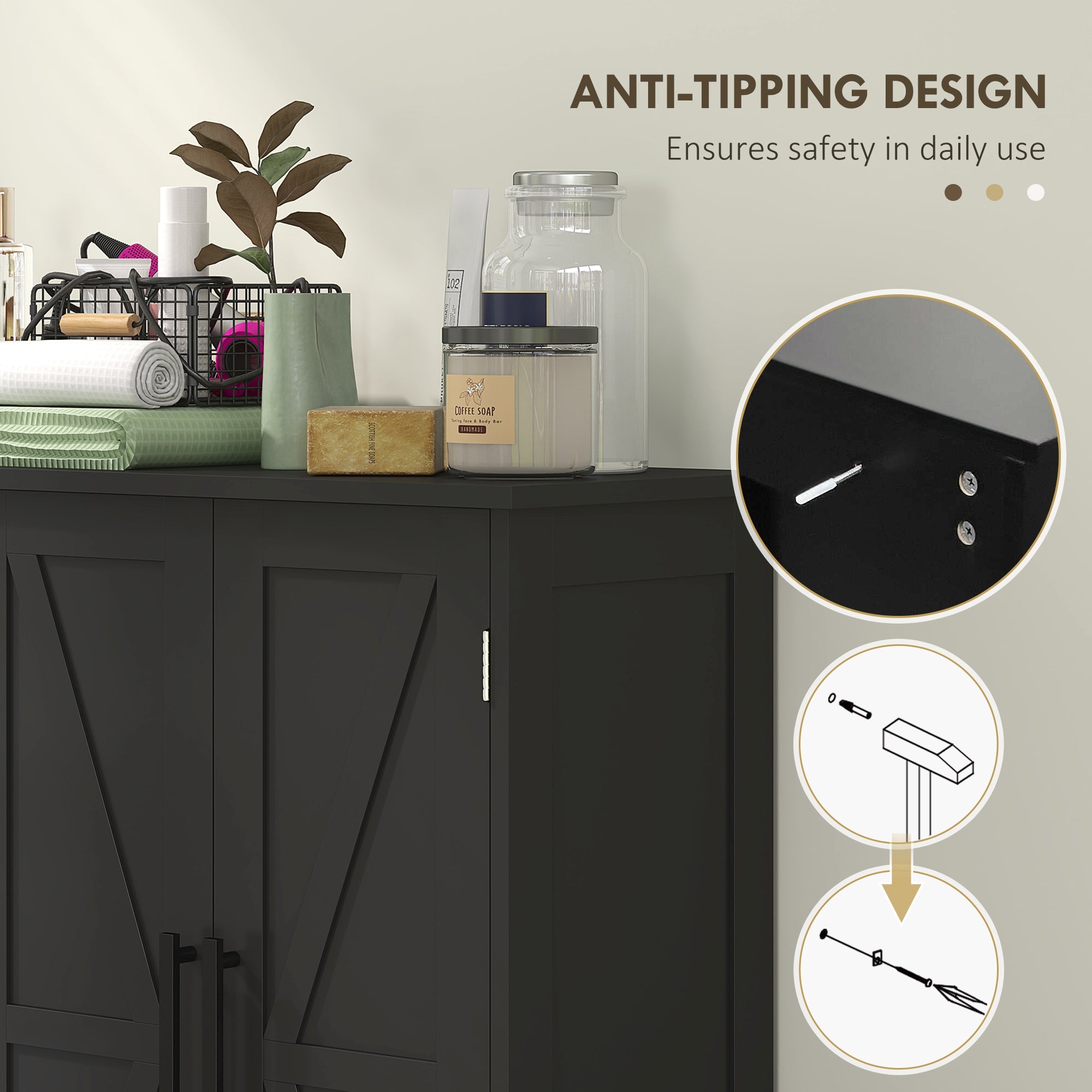 HOMCOM Bathroom Floor Cabinet, Farmhouse Bathroom Storage Cabinet with Adjustable Shelf, Black 