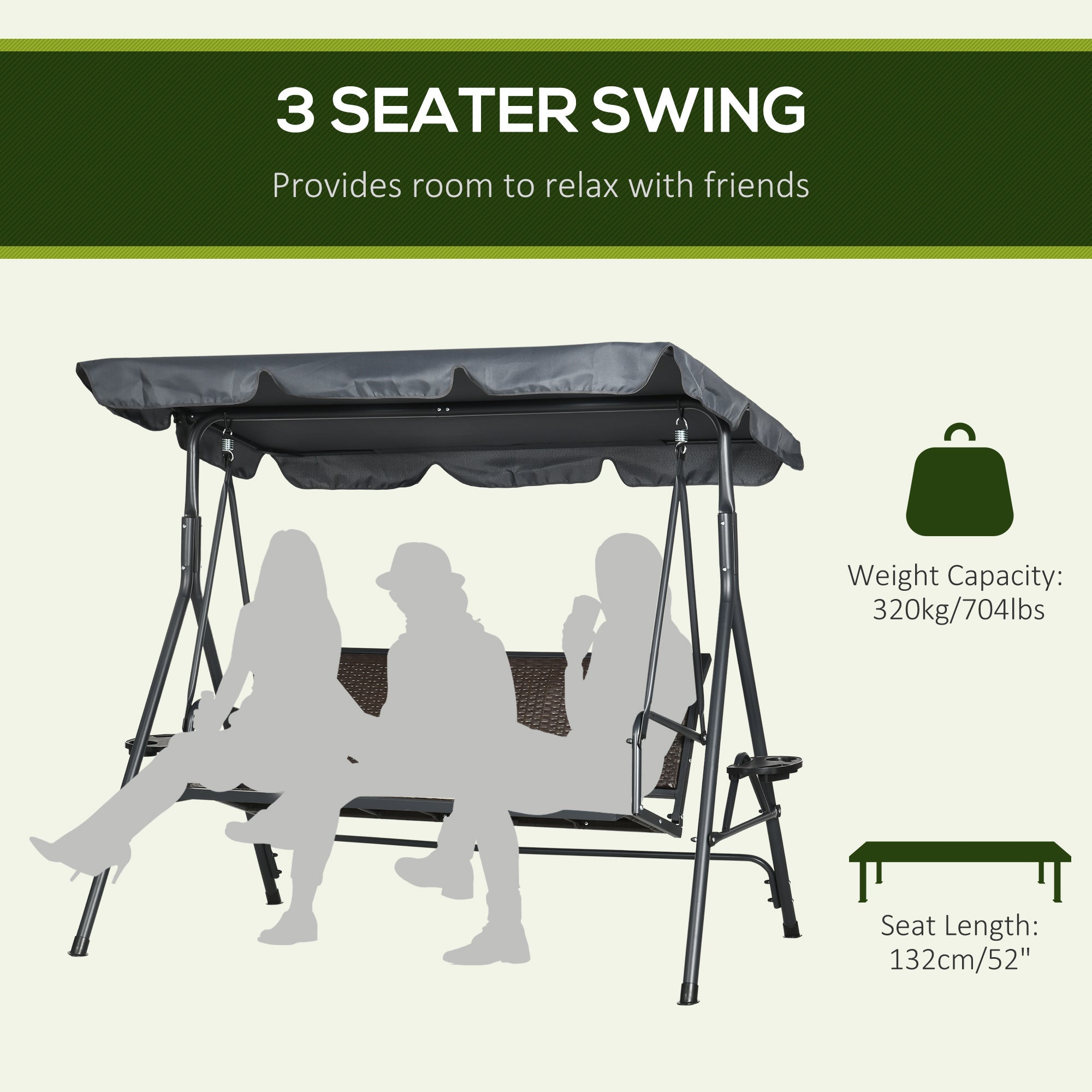 Outsunny 3-Seat Patio Swing Chair: Outdoor Canopy Glider with Adjustable Shade, Rattan Seat & Steel Frame 