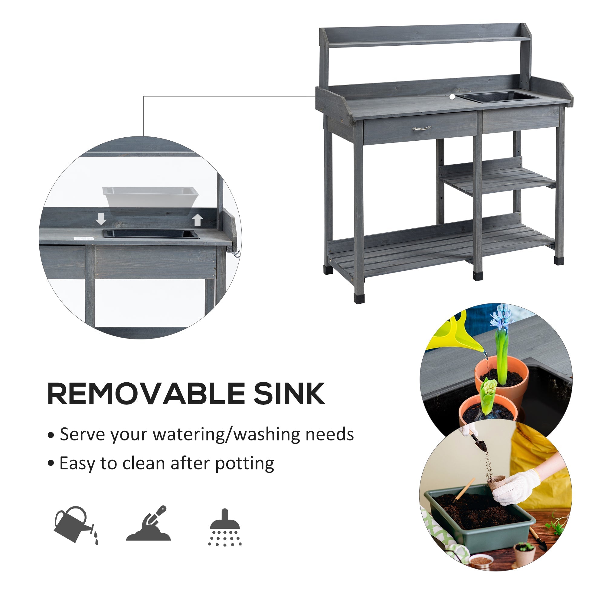 Outsunny Potting Bench Table Garden Work Bench Workstation with Drawer, Removable Sink, Storage Shelves and Hooks 