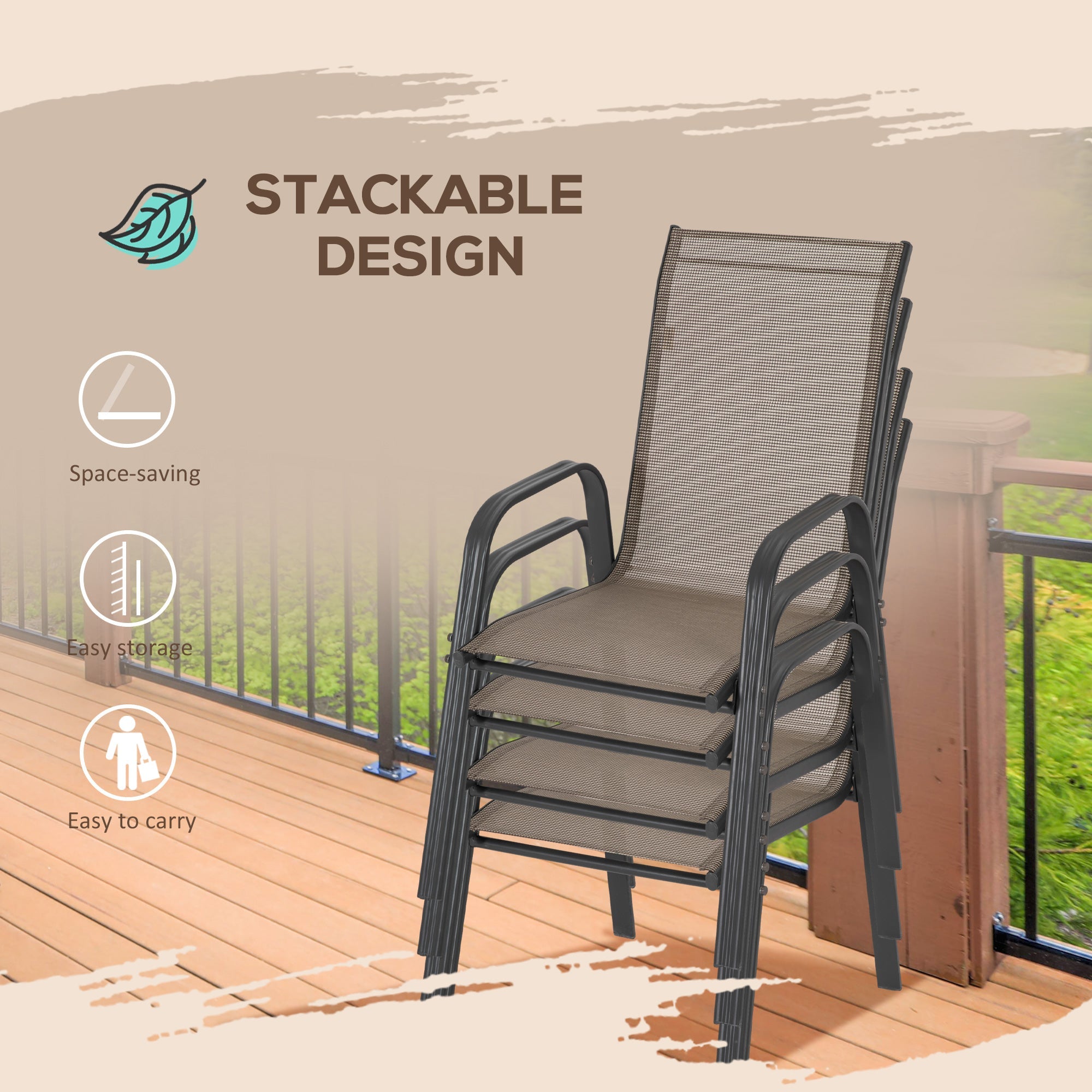 Outsunny Set of 4 Outdoor Dining Chairs, Heavy Duty Stackable Patio Dining Set with Armrests for Balcony Garden, Grey 