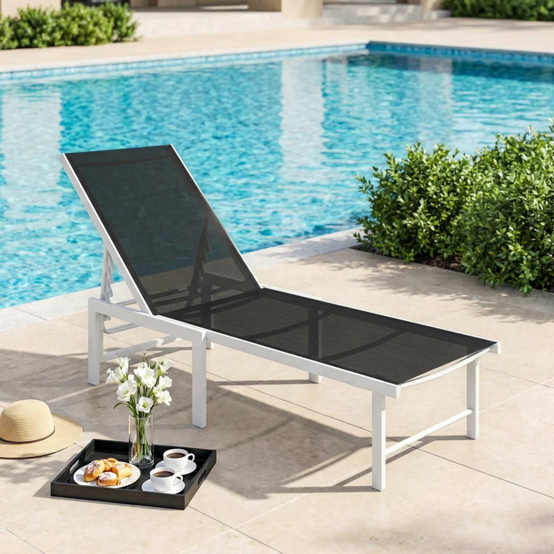 Outdoor Lounge Chair, 5-Position Reclining Outdoor Chaise Lounge Tanning Chair with Mesh Seat, Black