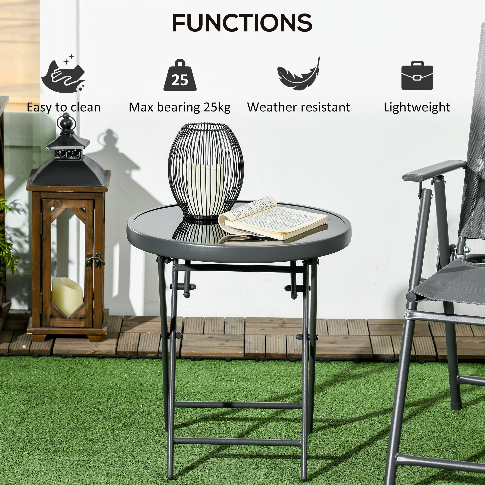 Outsunny 18" Outdoor Round Folding Table, Garden Side Table with Tempered Glass Top for Camping, Party, Weddings, Dark Grey 