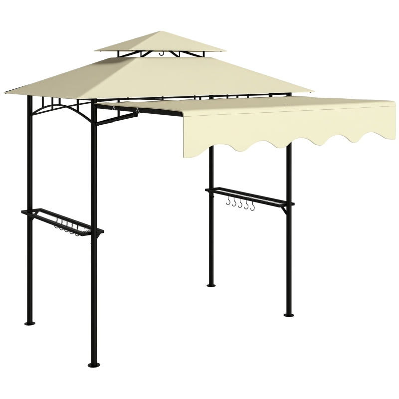 8' x 7.6' Grill Gazebo, Double Tiered Barbecue Grill Gazebo Shelter w/ Side Awning, 2 Side Shelves, 6 Hooks, Beige