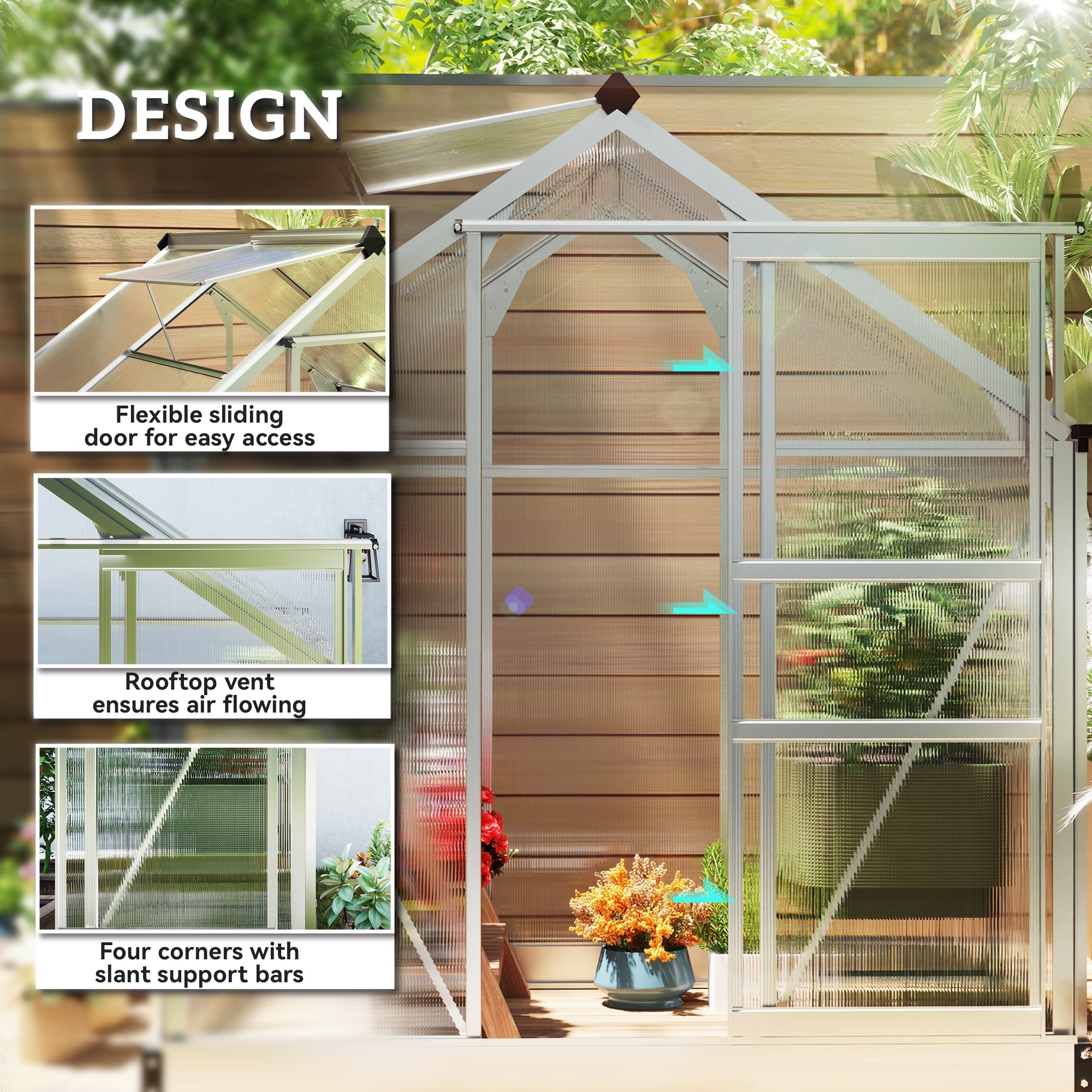 Outsunny 6' x 4' x 6.6' Polycarbonate Greenhouse, Walk-In Green House Kit Garden, Plants Grow, Galvanized Sheet Aluminum Frame with Rain Gutter, Vent and Sliding Door, Silver 