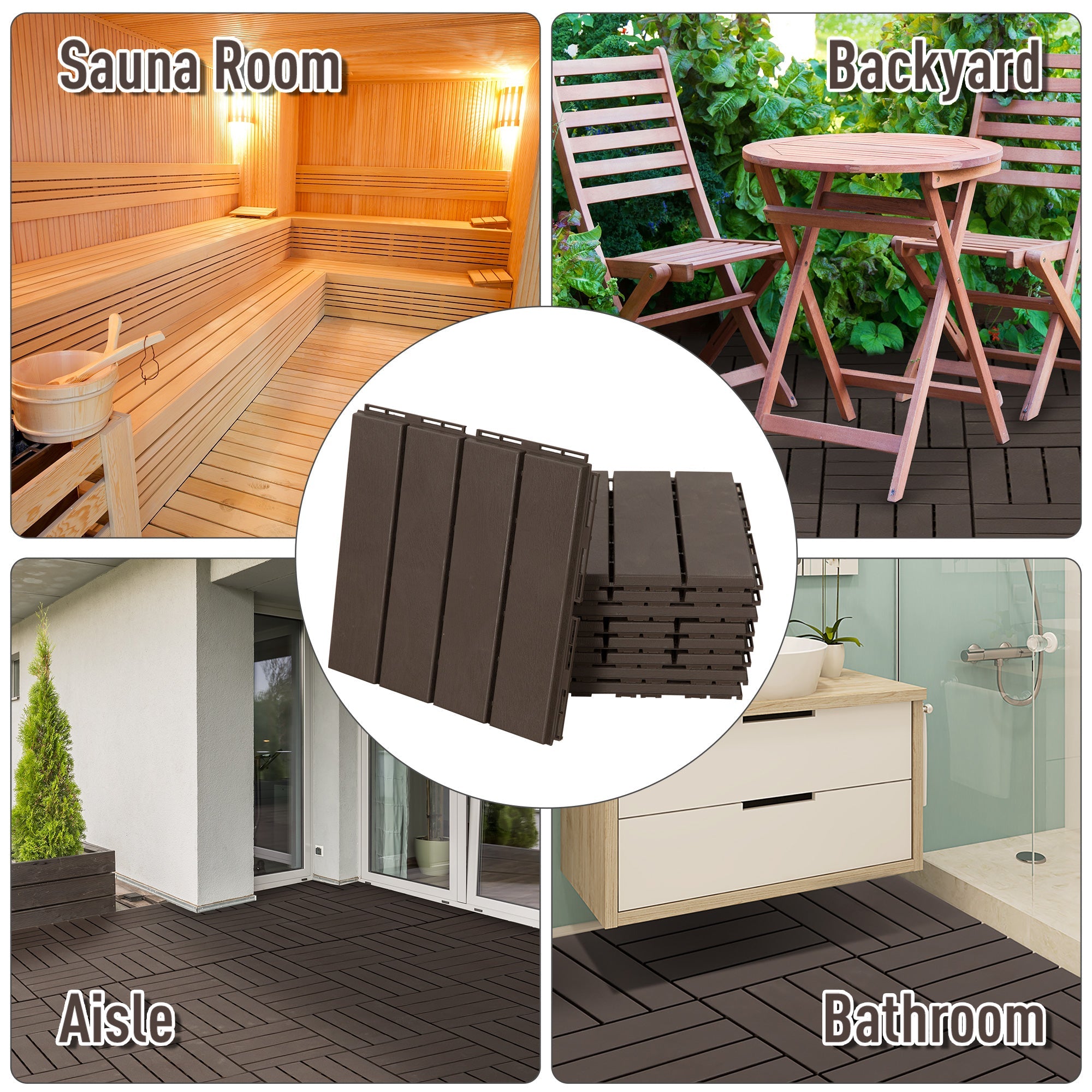 Outsunny 9 Pcs PP Interlocking Composite Deck Tile, 12" x 12" Outdoor Flooring Tiles for Indoor and Outdoor Use, Brown 