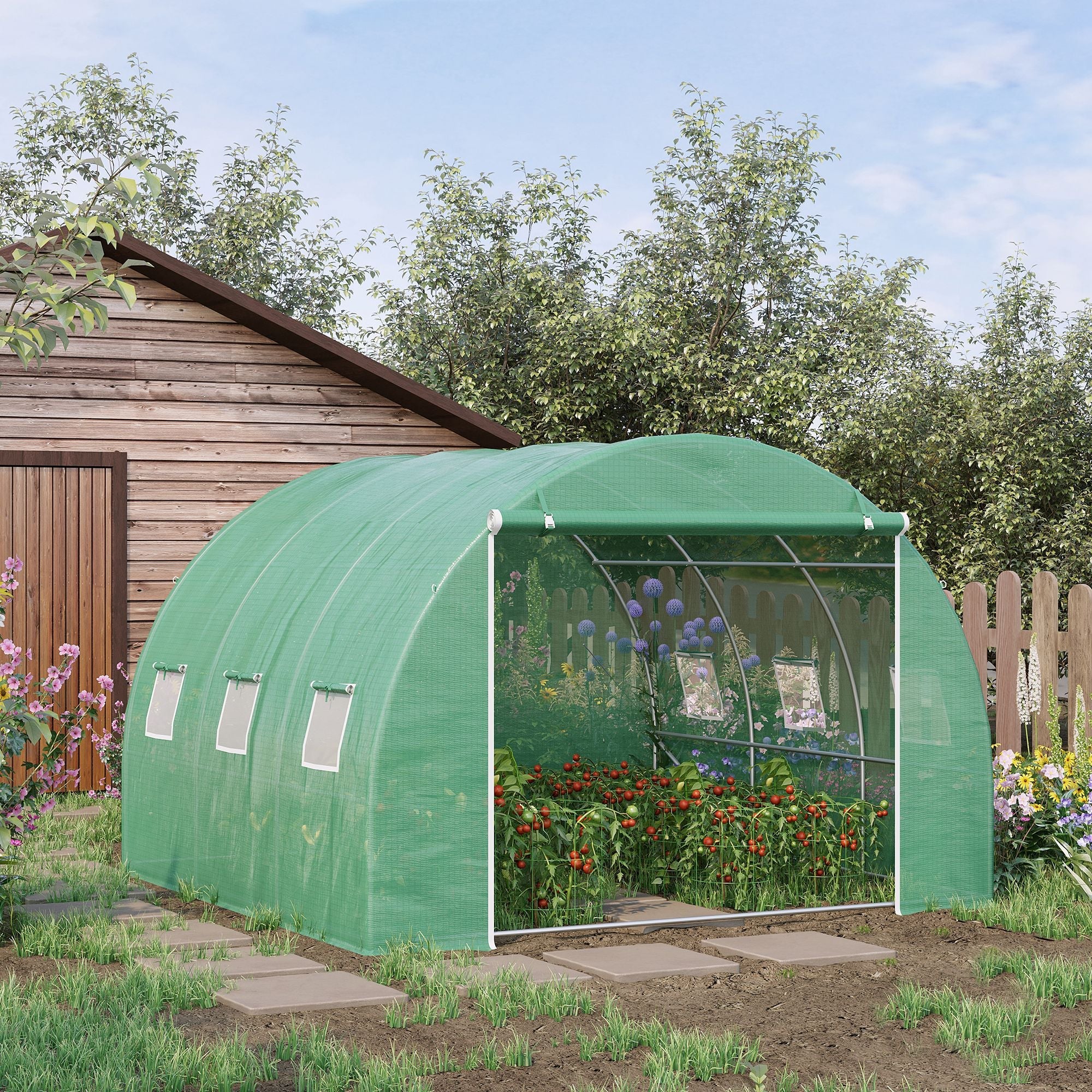 Outsunny 10' x 10' x 6.5' Walk-in Tunnel Greenhouse with High-Quality Transparent PE Cover, Zipper Doors, & Windows 