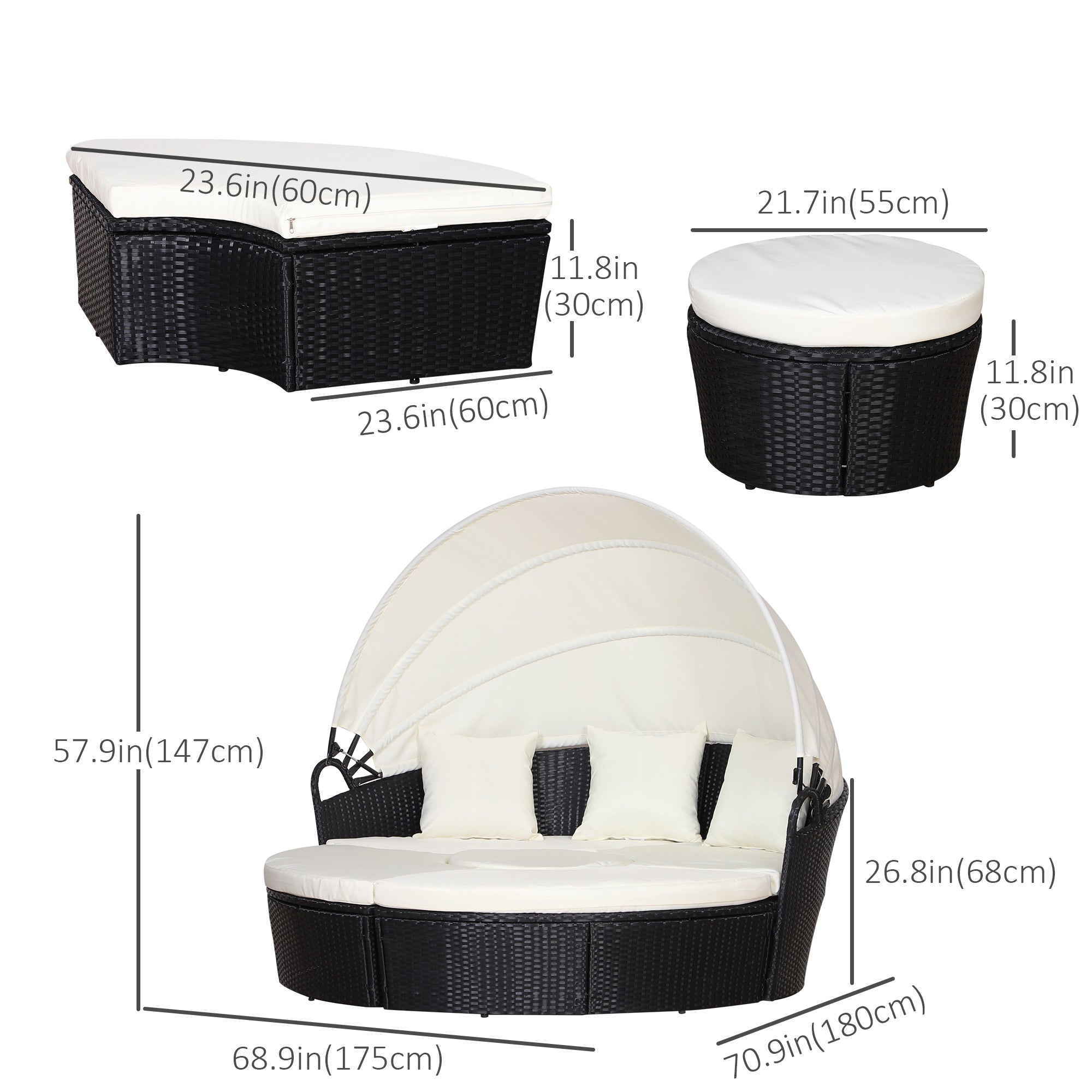 Outsunny Patio Furniture Set 4-Piece Outdoor Daybed with Cushioned Lounge Chair Round Sofa Bed Canopy Coffee Table Cream White 