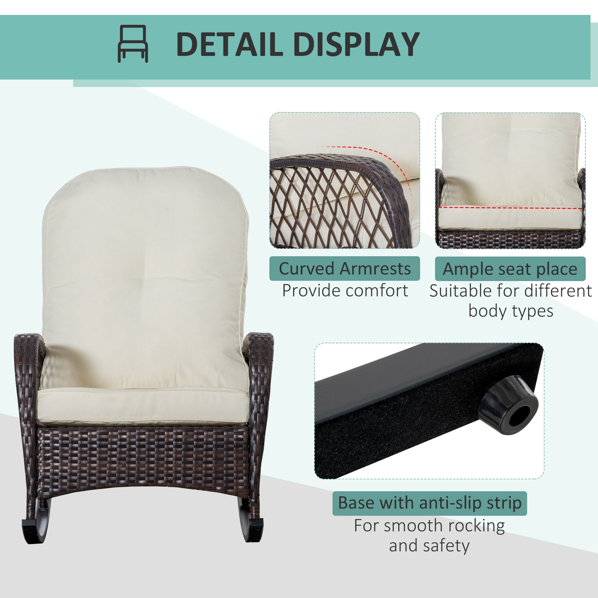 Outsunny Rattan Rocking Chair Outdoor Wicker Glider PE Rattan, Patio Recliner Rocker Chair Furniture with Soft Cushion 