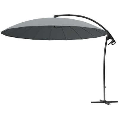 Outsunny 9FT Cantilever Umbrella with 16 Fibreglass Ribs, Offset Hanging Umbrella, Patio Umbrella with Crank and Cross Base, Grey 