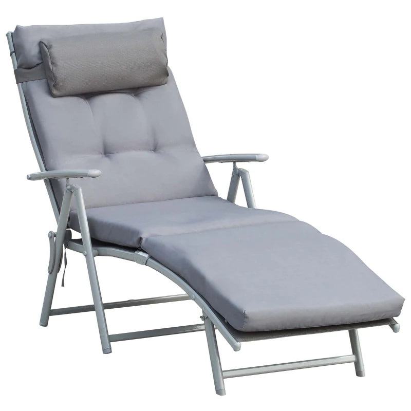 Outdoor Folding Chaise Lounge Chair Recliner with Portable Design, Adjustable Backrest, Cushion and Headrest, Grey