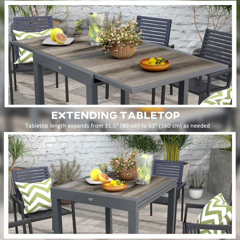 Extendable Dining Table, Rectangular Patio Outdoor Table with Aluminum Frame and Plastic Board Tabletop for Lawn, Grey