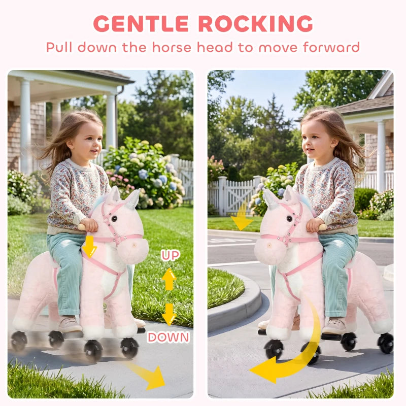 Pink Unicorn Ride-On Toy with Wheels, Sounds & Plush Design for Kids Ages 2–5
