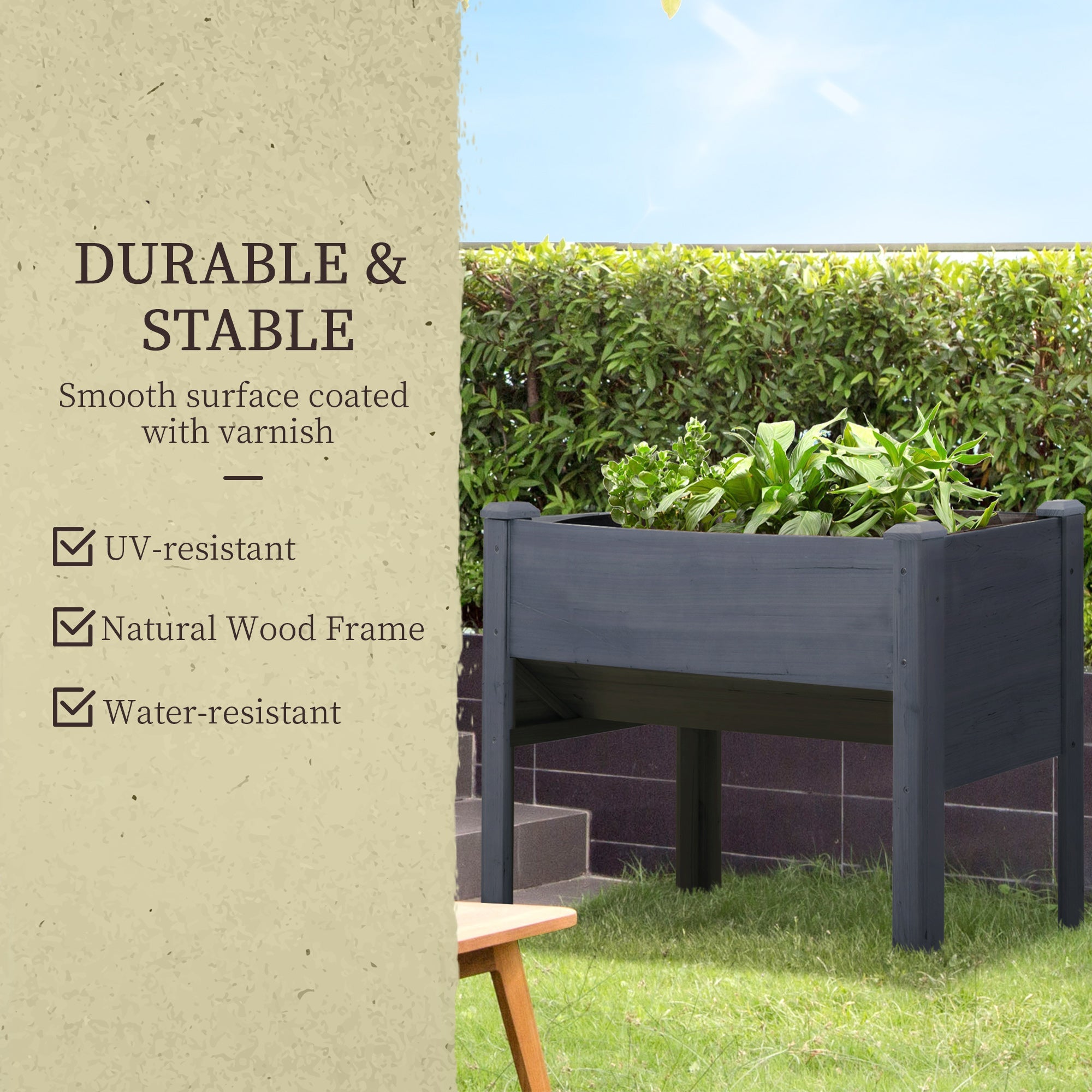 Outsunny Tall Wooden Plant Stand - Outdoor Raised Flower Bed Box with Hooks, 48"x24"x32", Grey 