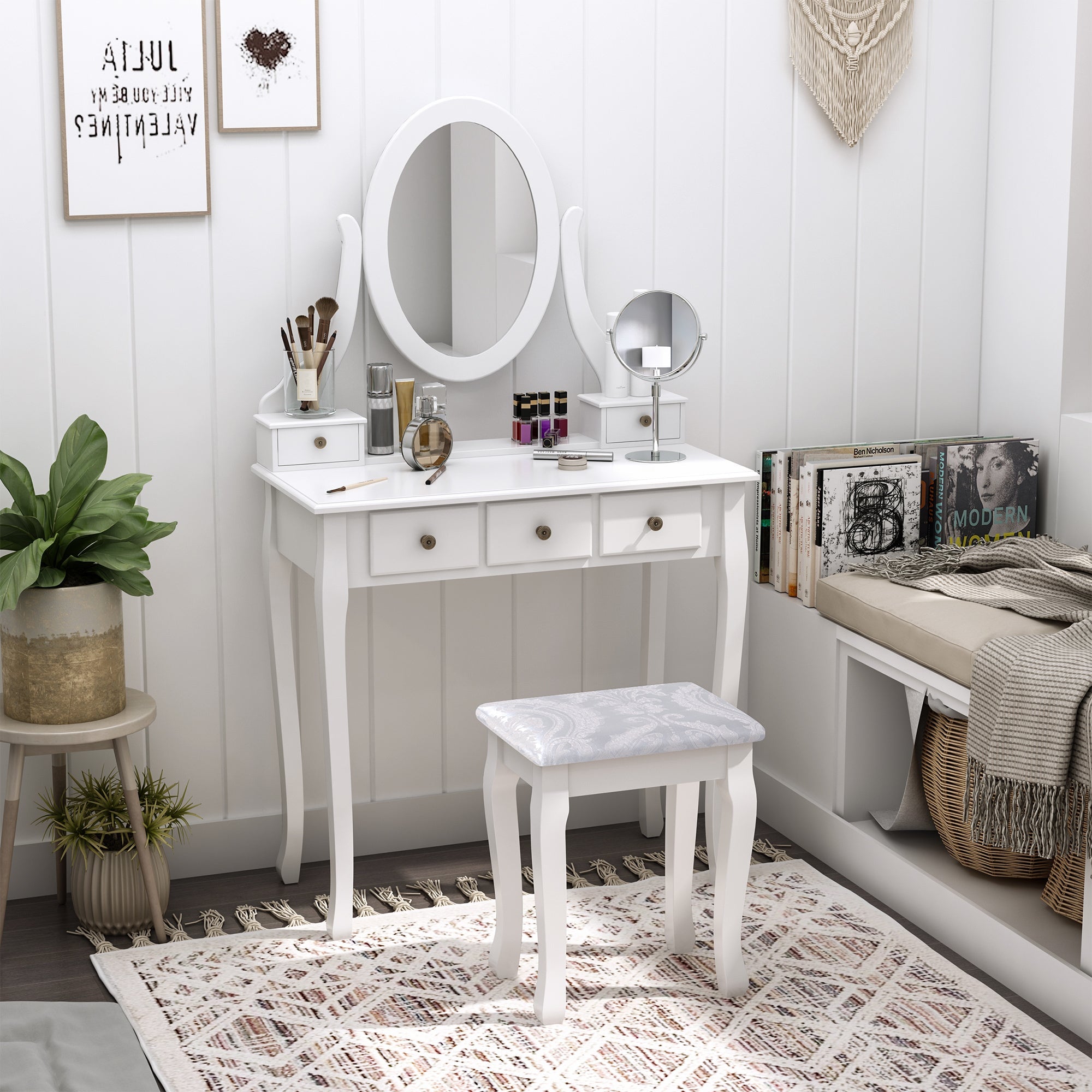 HOMCOM Wooden Vanity Table Set, Makeup Dressing Table with 360° Rotating, 5 Drawers and Padded Stool, White 