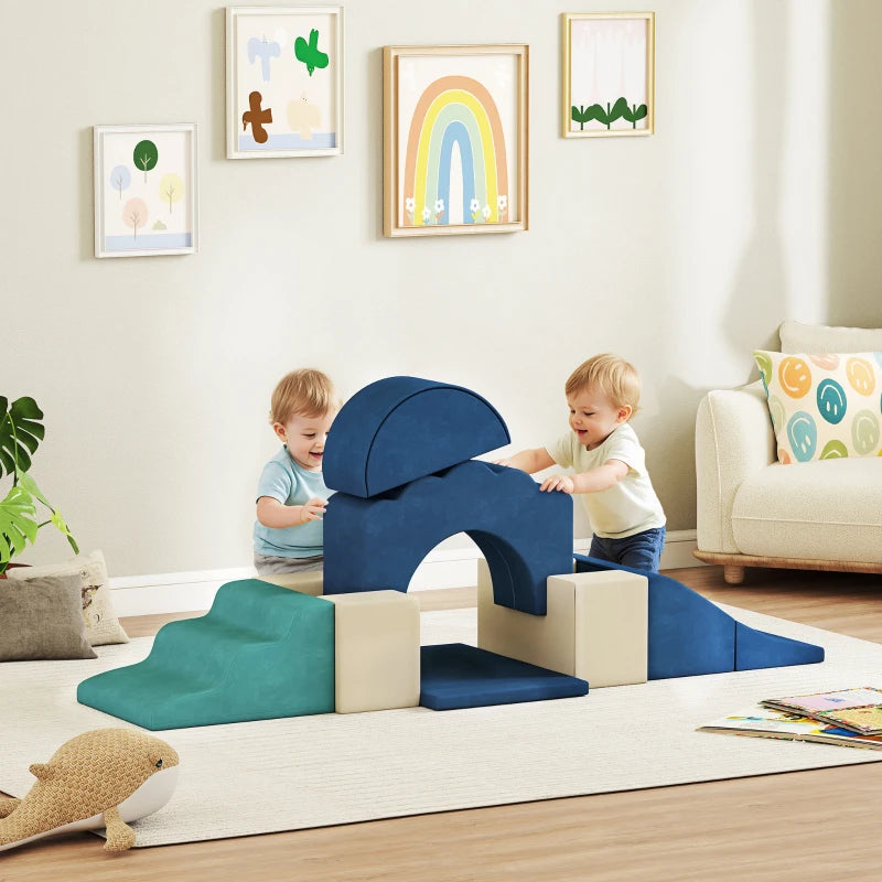 Qaba 7-Piece Baby Soft Play Set, Indoor Soft Play Gym Activity Play Set for Crawling, Sliding and Playing, Navy Blue
