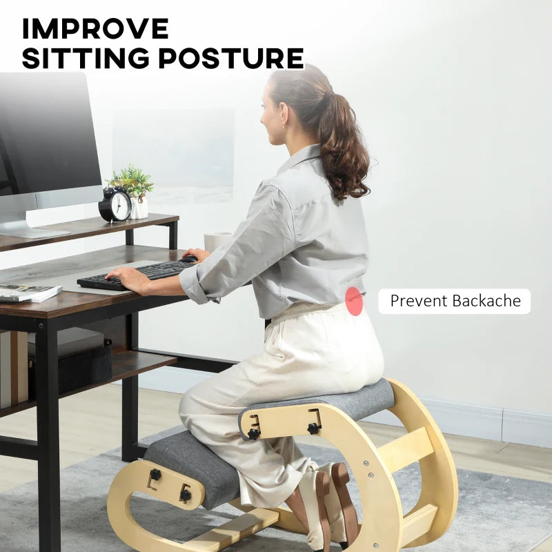 Ergonomic Kneeling Chair, Adjustable Rocking Wood Kneeling Stool, Desk Chair, Improve Posture, Grey