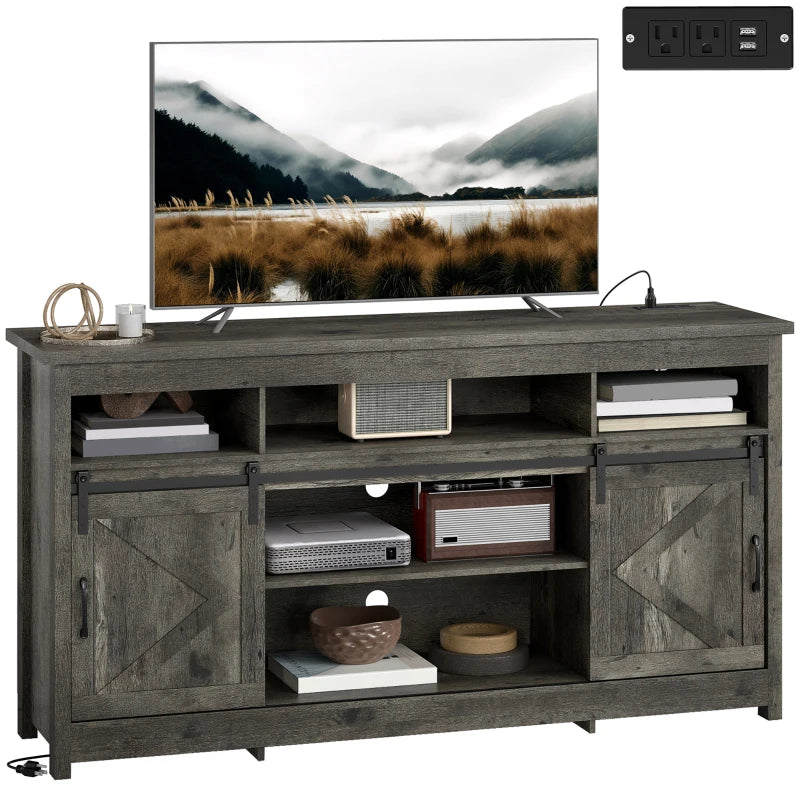 TV Stand with Power Outlets, Sliding Barn Doors and Adjustable Shelves for 72 Inch TVs, Dark Grey