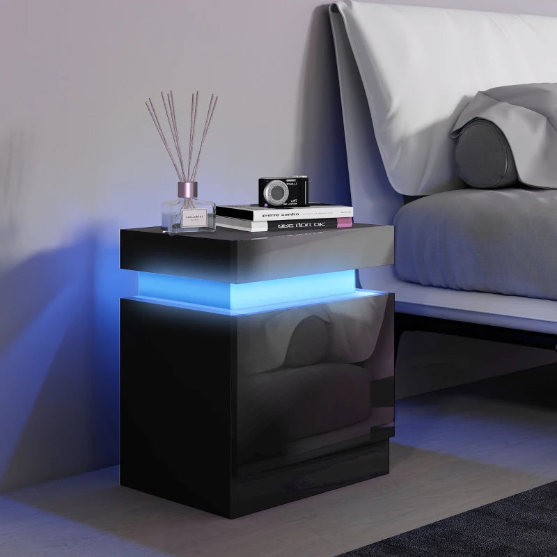 Nightstand, Bedside Table with LED Lights and 2 Drawers for Bedroom, Living Room, Black