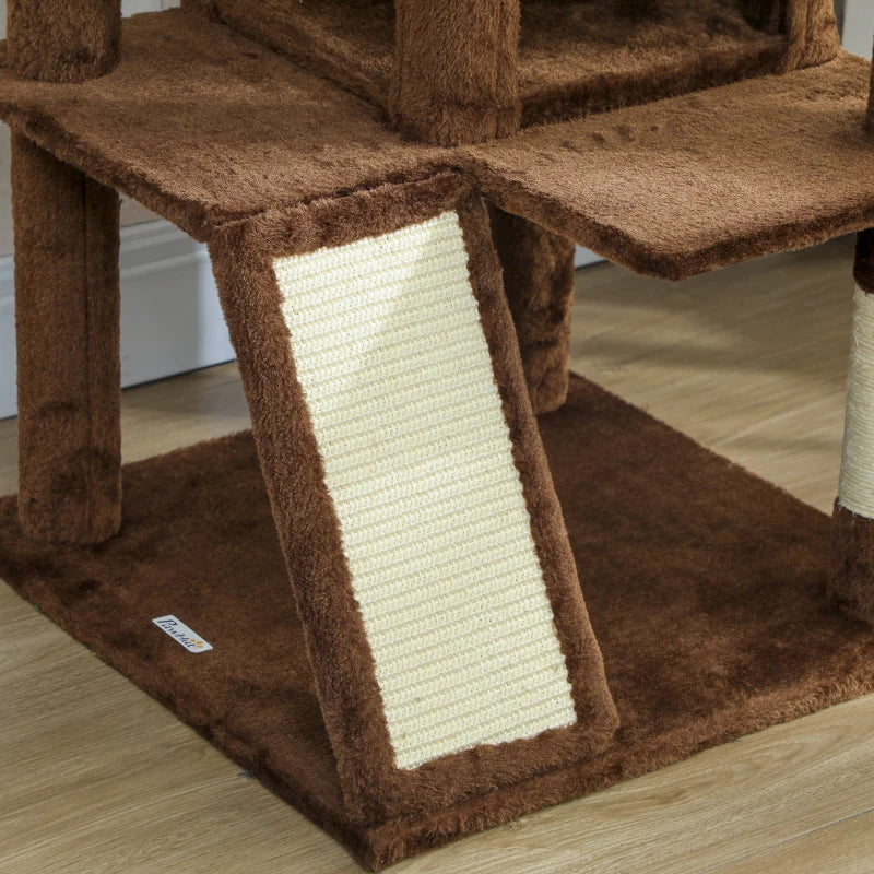 63" Cat Tree, Multi-Level Cat Tower with Scratching Posts, Cat Condos, Bed, Platforms, Ramp, Toy Ball, Light Brown