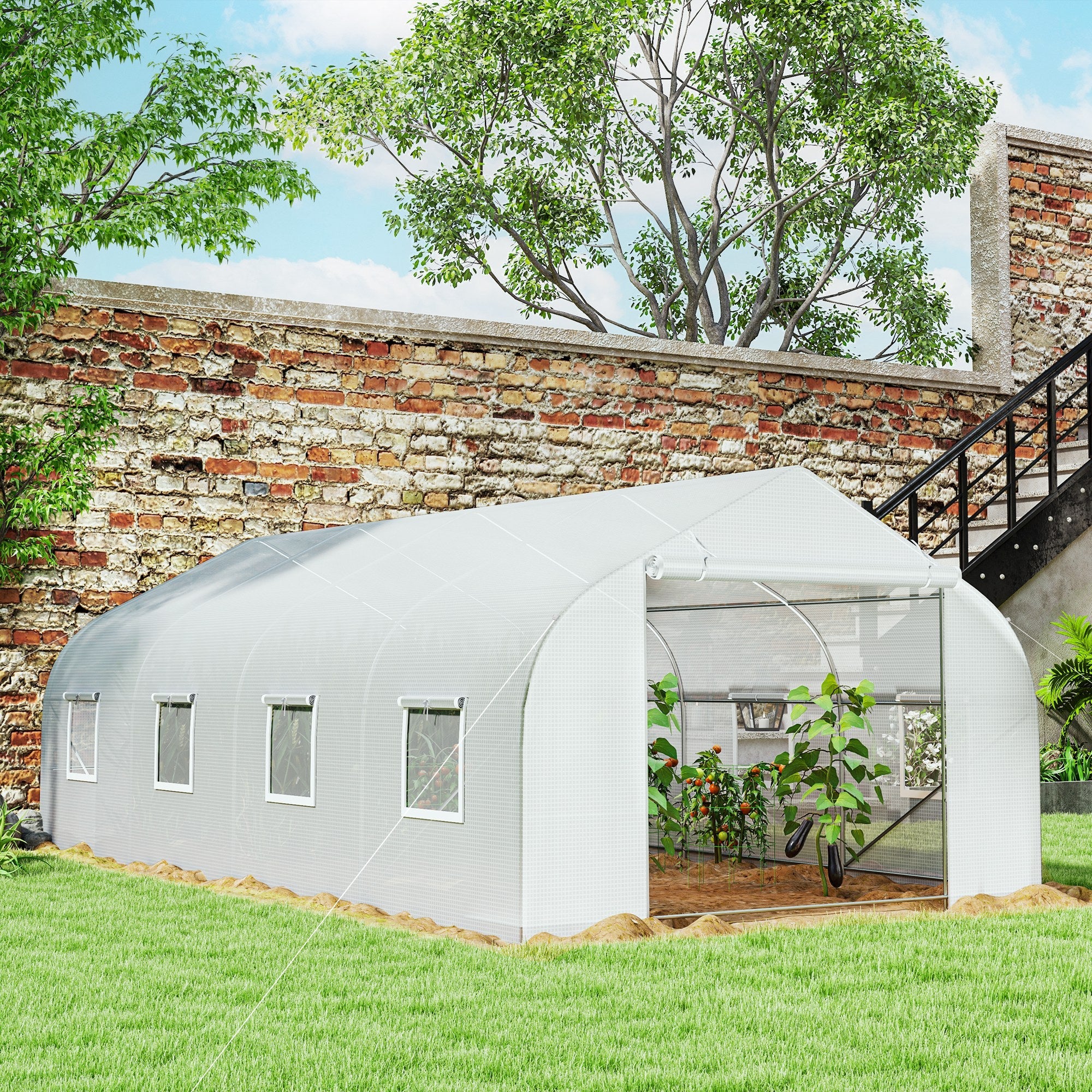 Outsunny Walk-in Greenhouse 20x10x7ft Sturdy Outdoor Plant Growth Tunnel Warm Seed Shed with Dual Anchors White 