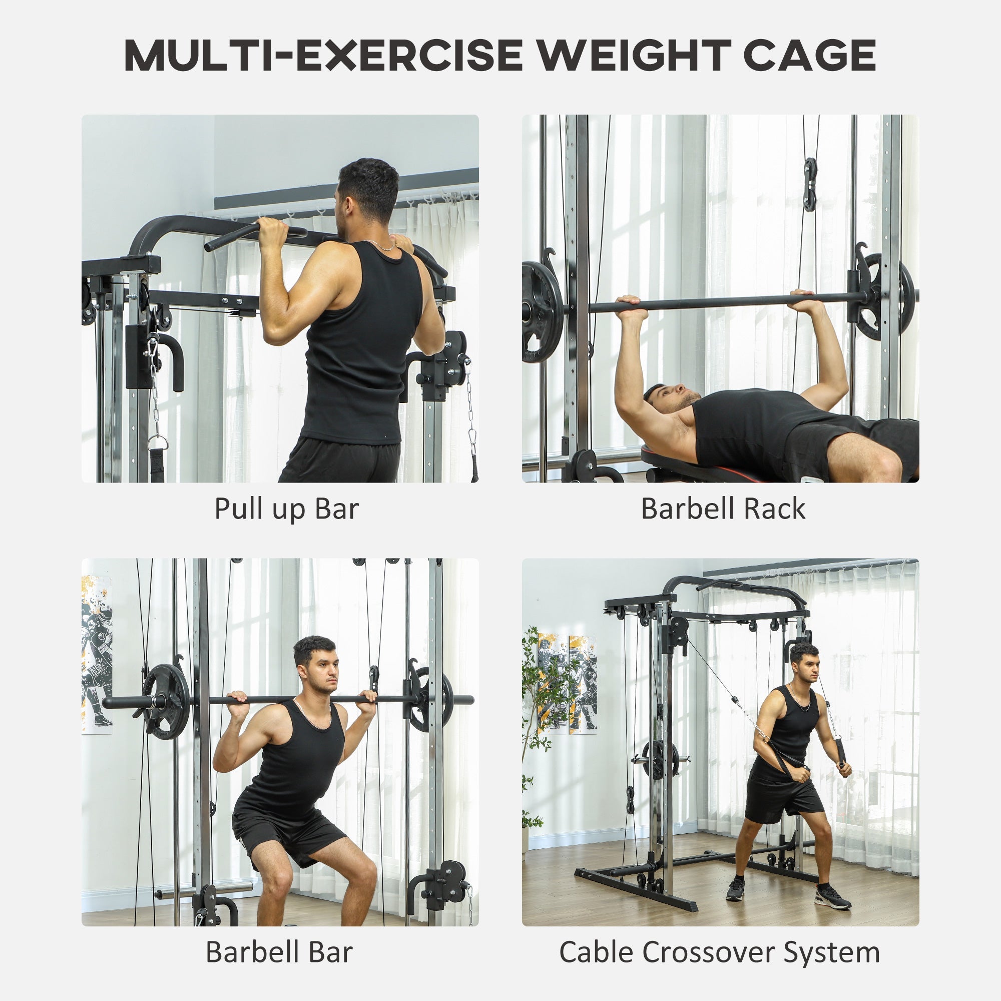 Soozier 3 In 1 Smith Machine Power Rack with Cable Crossover System, Pull up Station, 16-Level Squat Rack and Barbell Bar 