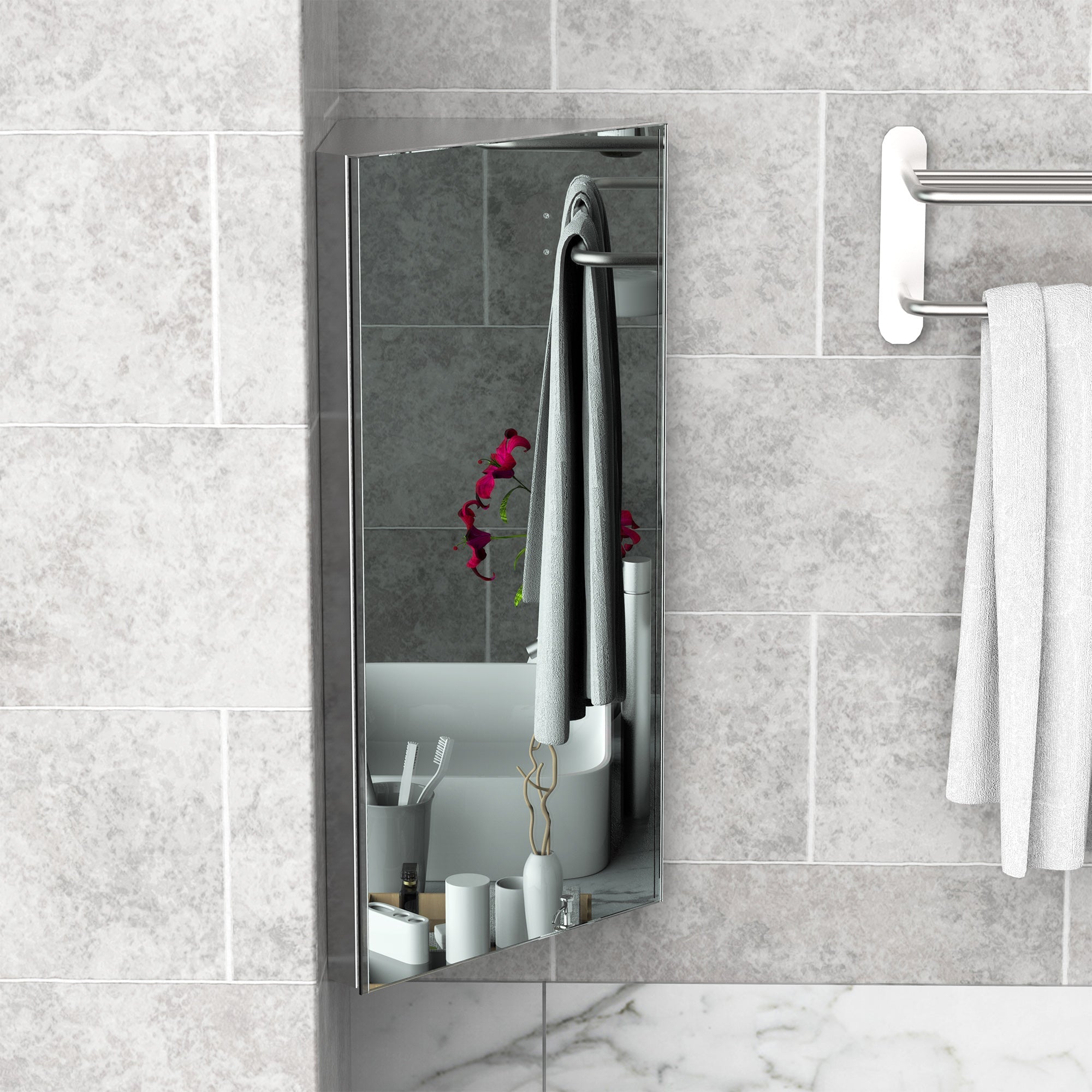 HOMCOM Sleek Corner Mirror Cabinet: Stainless Steel Wall Mounted Bathroom Storage with Single Door 