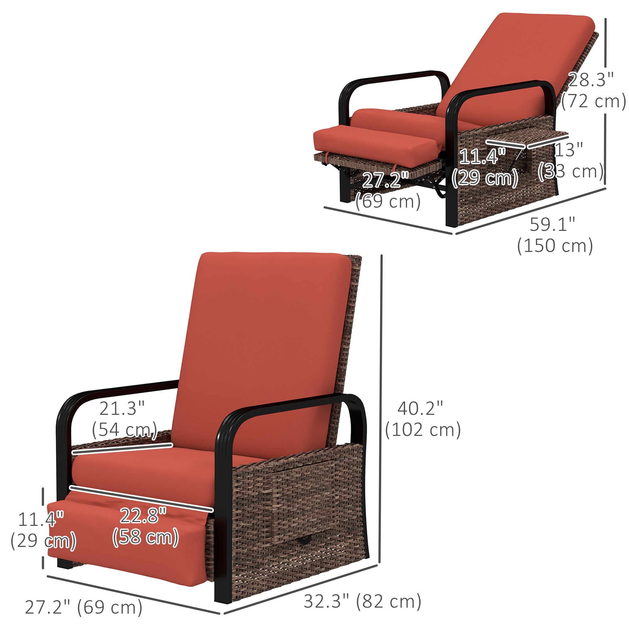 Outsunny Wicker Outdoor Recliner Chair, Reclining Lounge Chair with Adjustable Backrest, Footrest and Side Tray, Red 