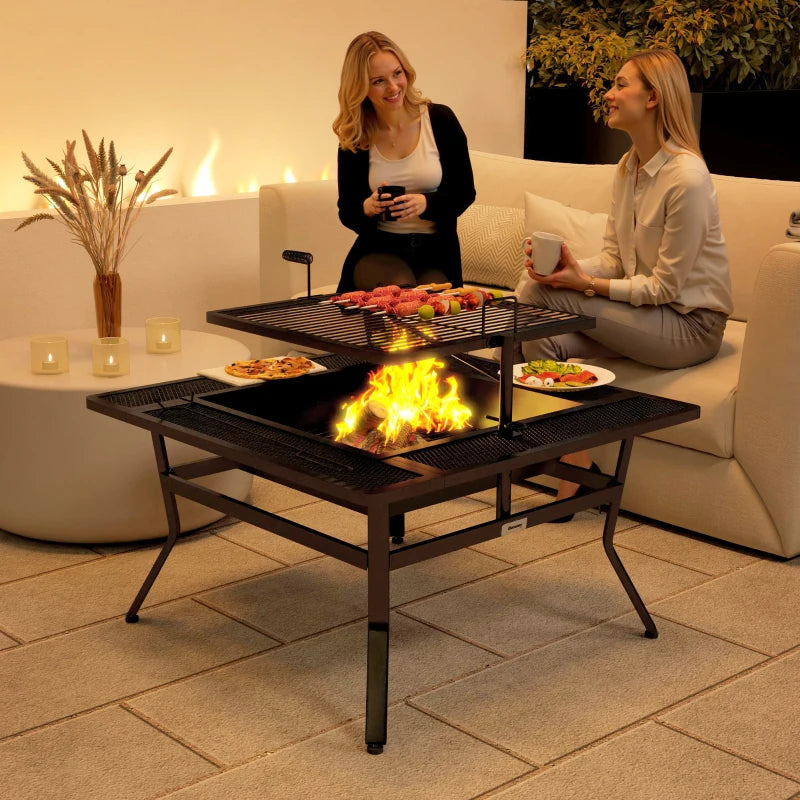 Square Outdoor Fire Pit Firepit with Adjustable Grill Grate, Wood Fire Pit with Adjustable Foot Pads, Outer Ledge, Poker for Backyard Bonfire Picnic, Black