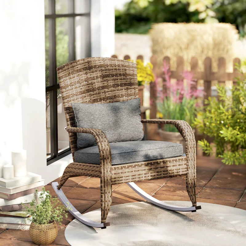Adirondack Chair, Outdoor Wicker Rocking Chair with High Back, Seat Cushion and Pillow for Porch, Balcony, Grey/Yellow