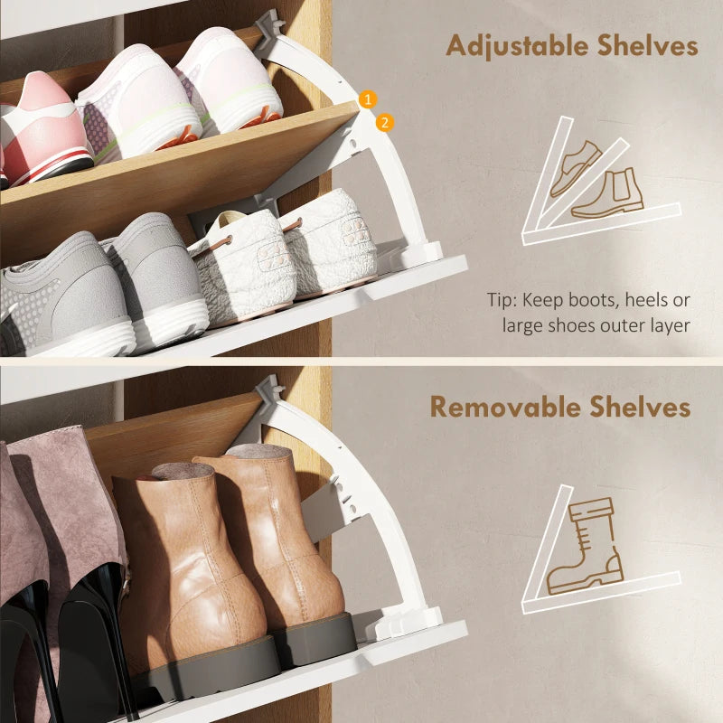 Narrow Shoe Cabinet for Entryway with 2 Flip Drawers, Top Drawer and Adjustable Shelves for 12 Pairs of Shoes, White