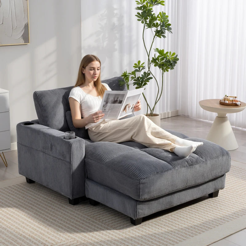 58" Chaise Lounge Indoor, Oversized Corduroy Sofa Bed with 2 Cup Holders, Pillow, Deep Seat Sleeper Couch, Dark Grey