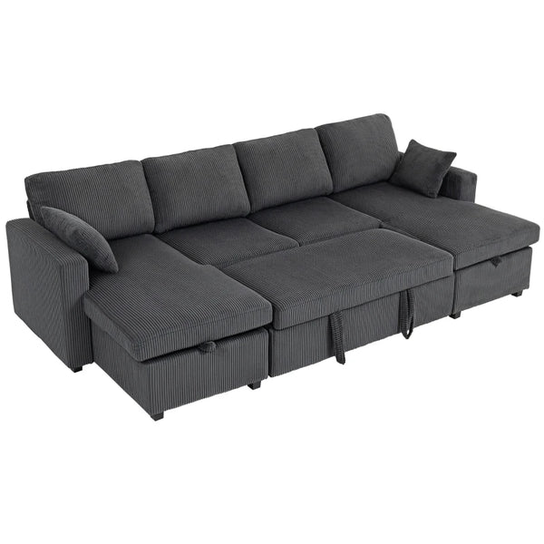 U-Shaped Convertible Sofa Bed with Storage Chaises – Dark Grey Corduroy Sleeper Couch with Pocket Springs & Pillows