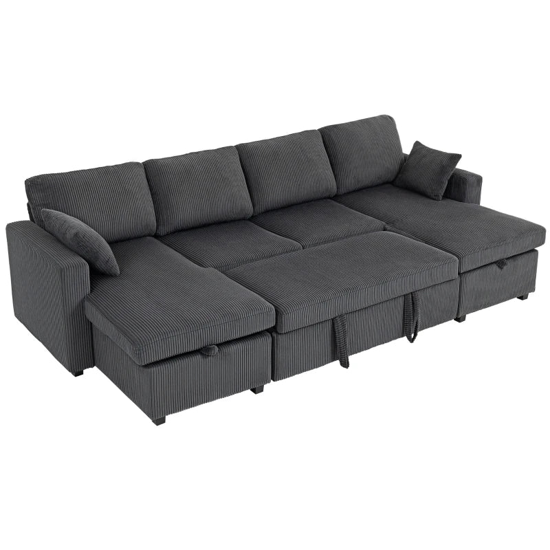 U-Shaped Convertible Sofa Bed with Storage Chaises – Dark Grey Corduroy Sleeper Couch with Pocket Springs & Pillows