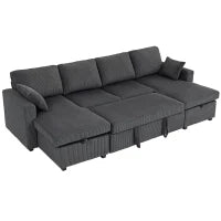 U-Shaped Pull-Out Sofa Bed with Dual Storage Chaise, Corduroy Sleeper Couch with Pillows, Dark Grey