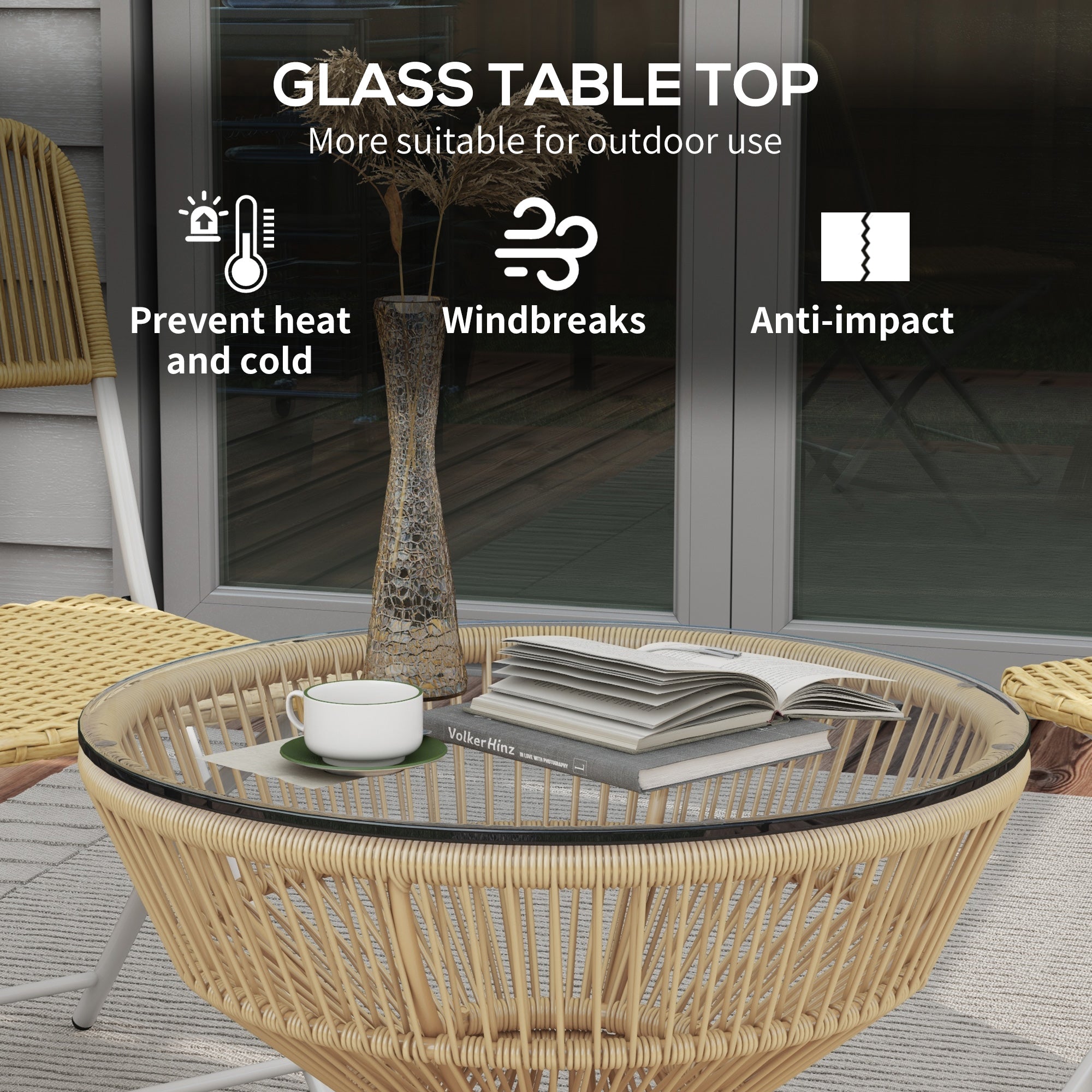 Outsunny Rattan Outdoor Coffee Table, Patio End Table with Tempered Glass Tabletop & Steel Frame, Wicker Furniture, Nature Wood 