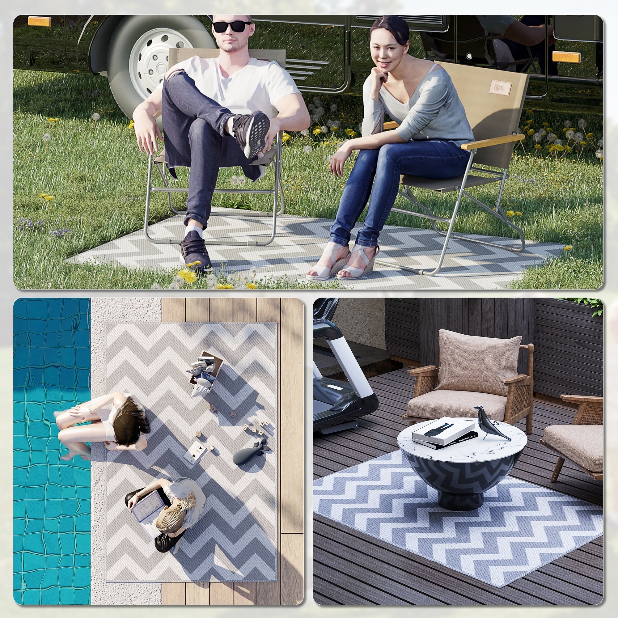 Outsunny Reversible Outdoor RV Rug, Patio Floor Mat, 4' x 6' Plastic Straw Rug for Backyard, Deck, Beach, Camping, Grey & White 