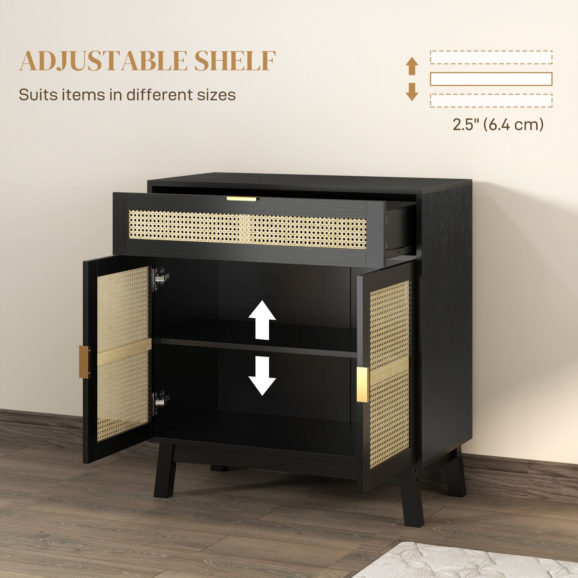 HOMCOM Boho Sideboard Storage Cabinet with Rattan Doors, Black 