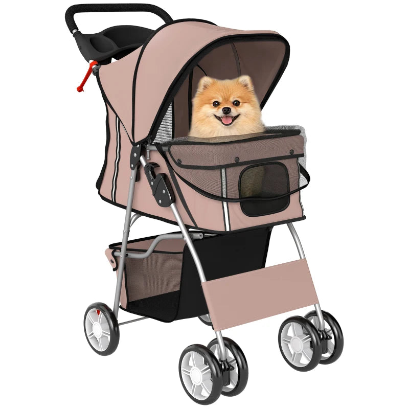 Pet Stroller for Dogs & Cats, Foldable Dog Stroller with Wheels, Reflective Strips, Brake, Pad and Basket, Coffee