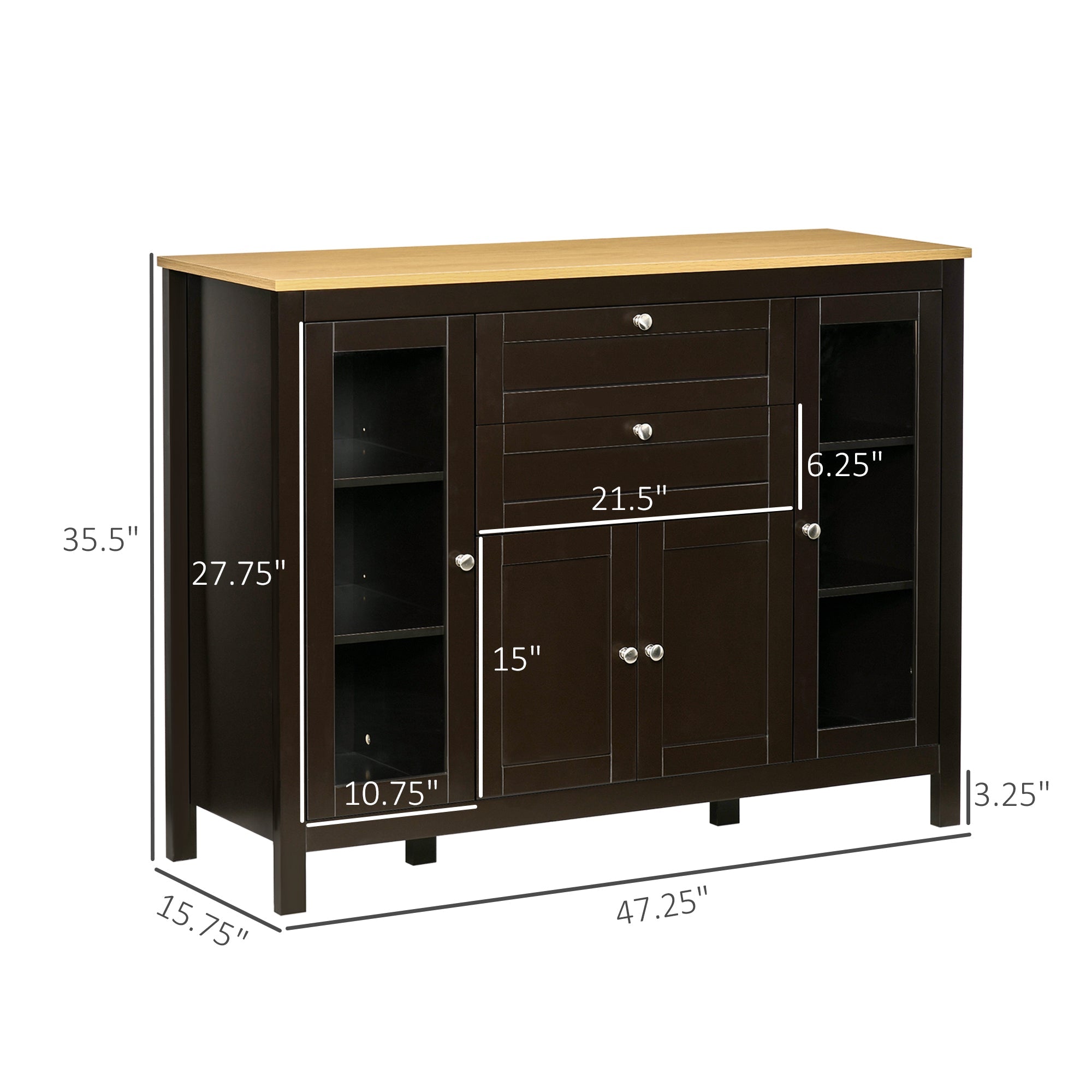 HOMCOM Buffet Cabinet Sideboard with 2 Drawers, 3 Storage Cabinets, Glass Doors and Adjustable Shelves, Dark Brown 