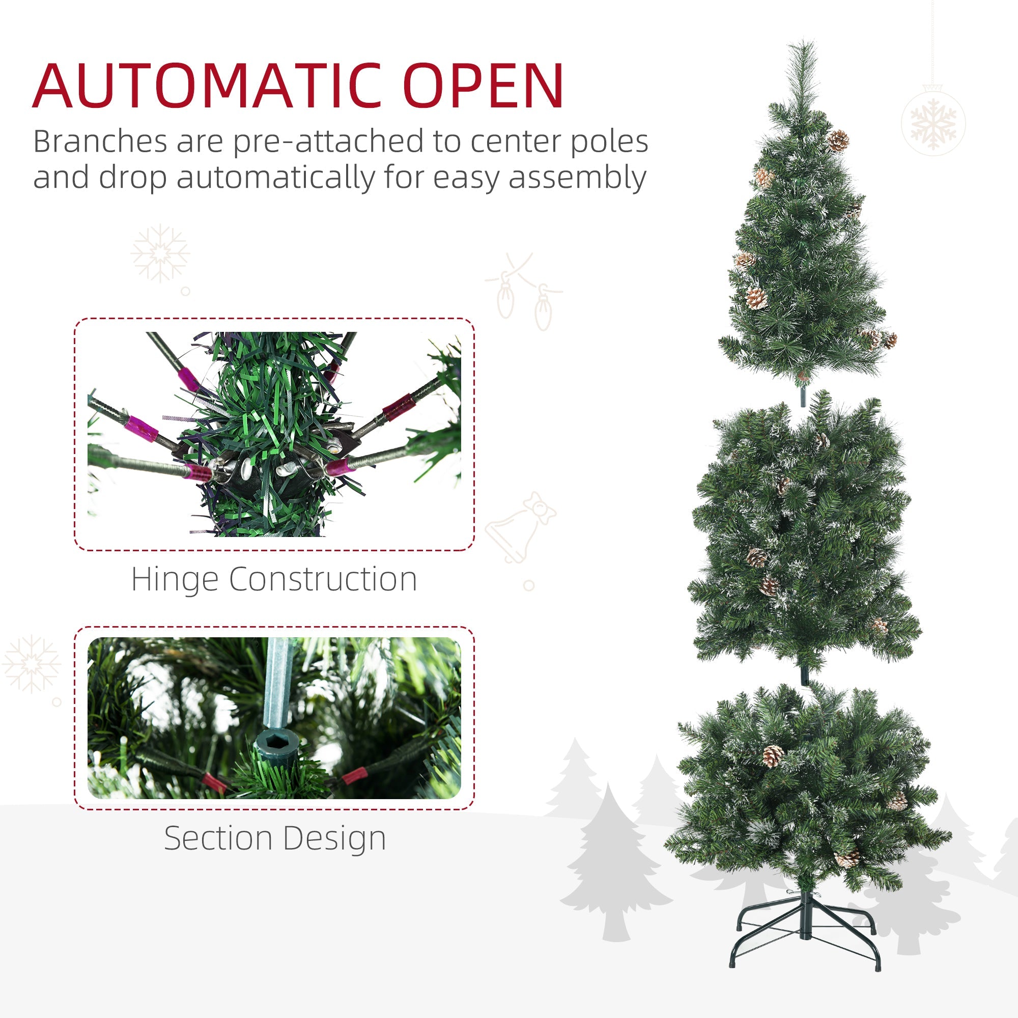 HOMCOM 6ft Snow-Frosted Christmas Tree - Artificial Pencil Design, Auto-Open, Steel Base 