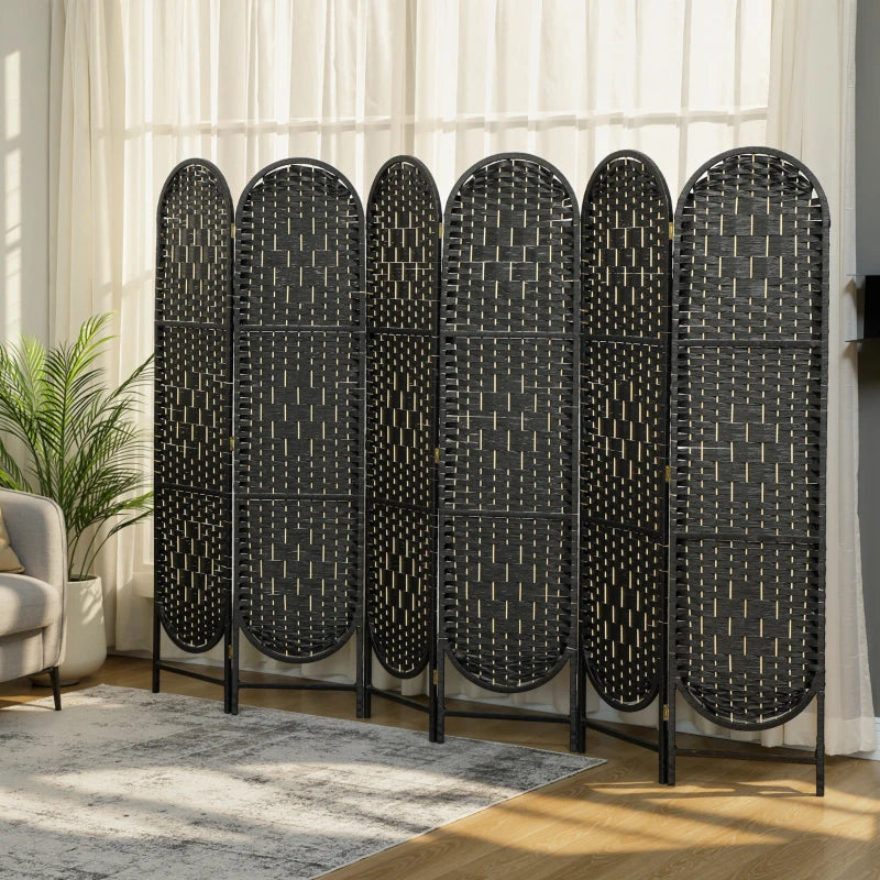 Bohemian Privacy Screen, Folding Room Divider with 6 Panels and Arched Top for Bedroom Living Room Office, Black