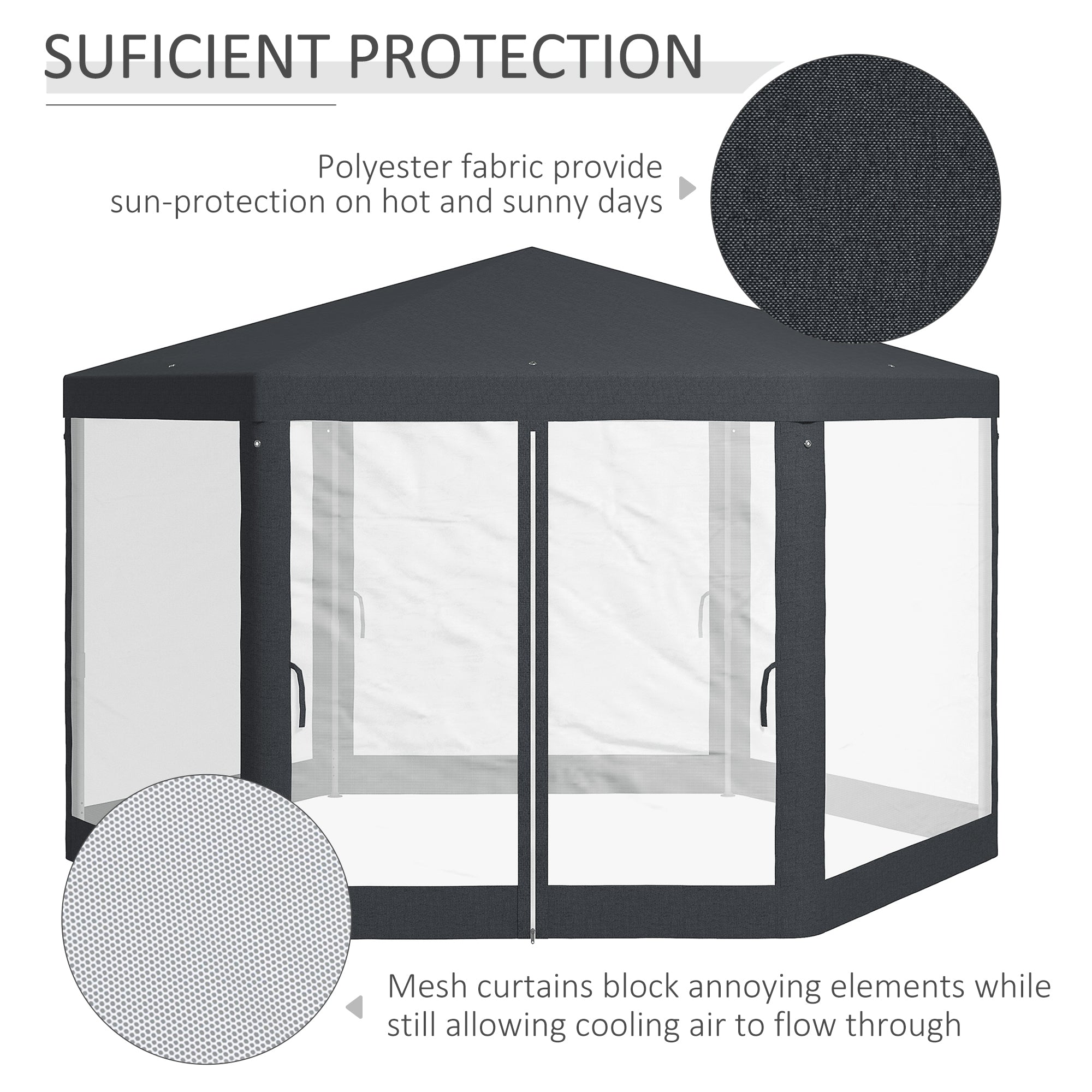 Outsunny Φ13' Hexagon Party Tent Patio Gazebo Outdoor Activity Event Canopy Quick Sun Shelter Pavilion with Netting Mesh Sidewall Dark Grey 