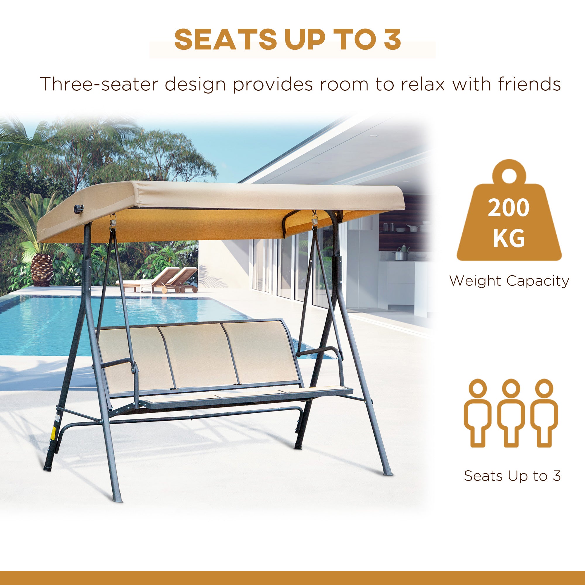 Outsunny 3-Seater Swing Chair Covered Garden Hammock A-Frame Outdoor Porch Glider Sling Seat with Adjustable Canopy Cover, Beige 