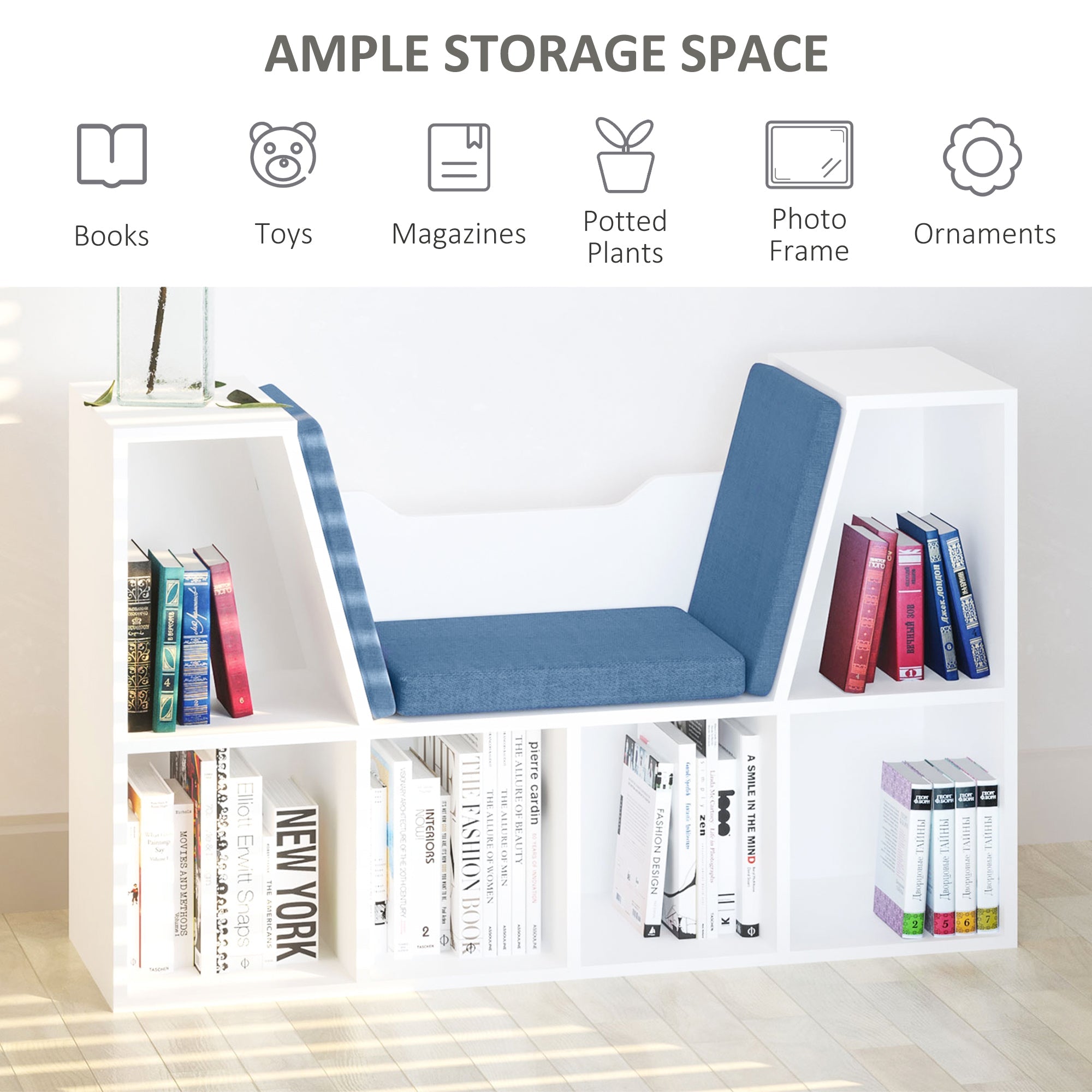 HOMCOM Kiddie Cubby Bliss: 6-Cubby Bookcase with Cushioned Reading Nook, Storage Organizer Cabinet Shelf in White & Blue 