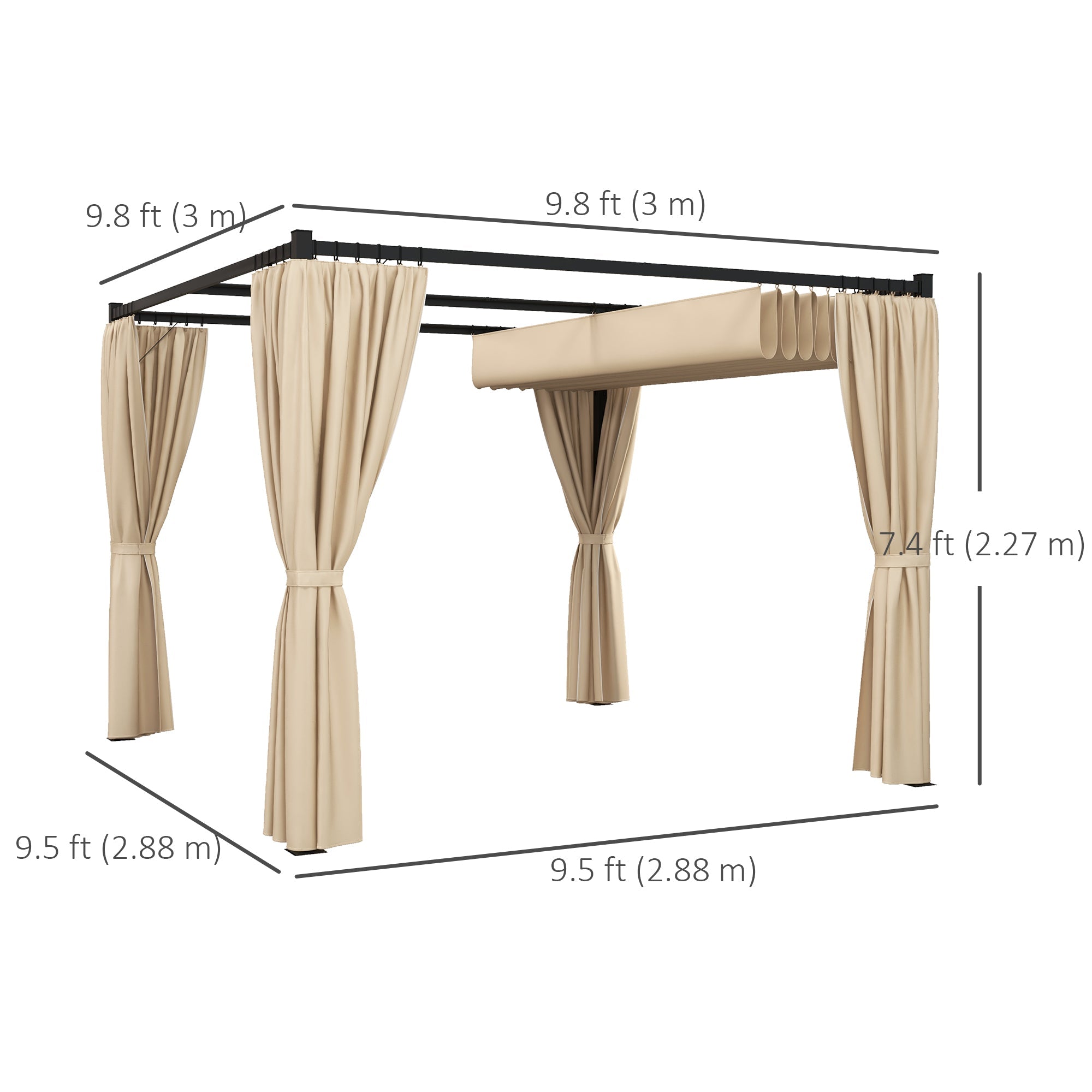 Outsunny 10' x 10' Retractable Pergola, Garden Gazebo Shelter with Curtains, for Grill, Patio, Deck, Beige 